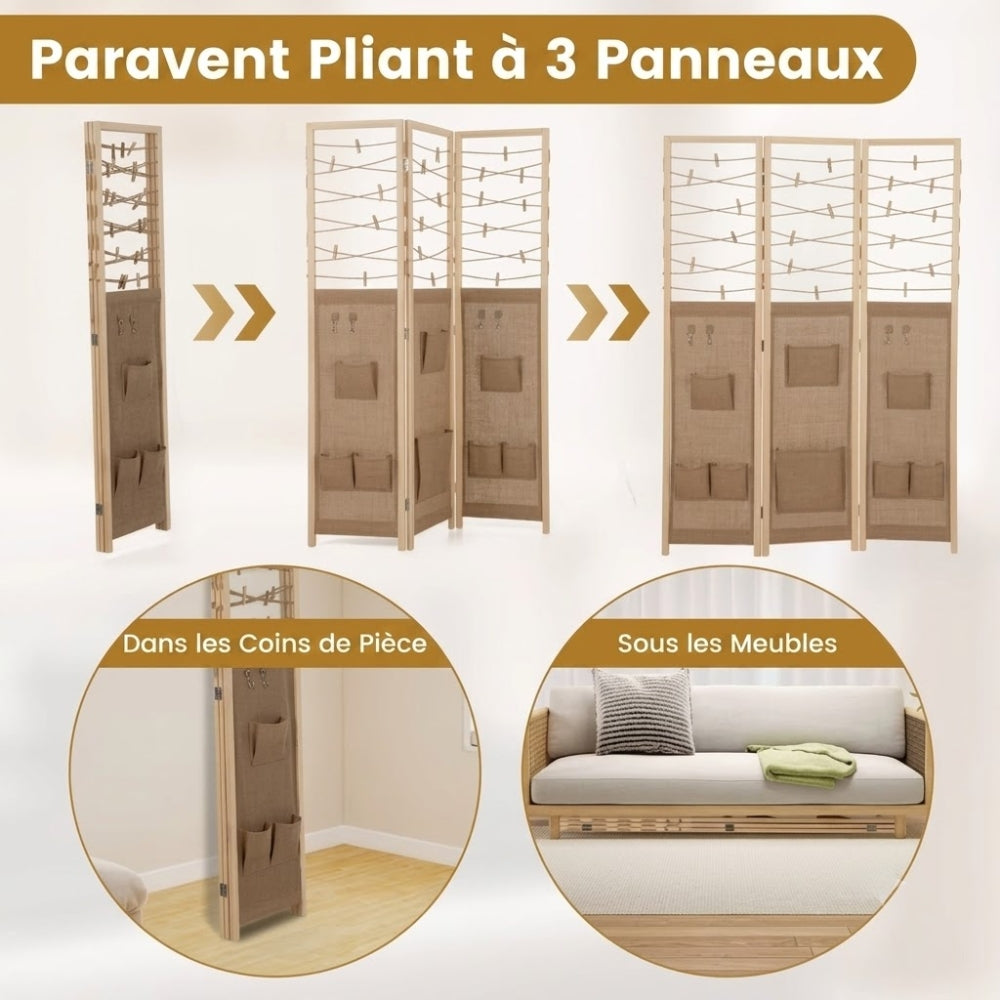 Paravent 3 Panneaux Rustique Corde & Pochettes de Rangement