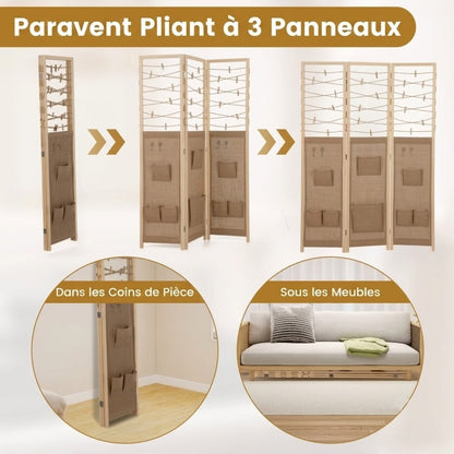 Paravent 3 Panneaux Rustique Corde & Pochettes de Rangement