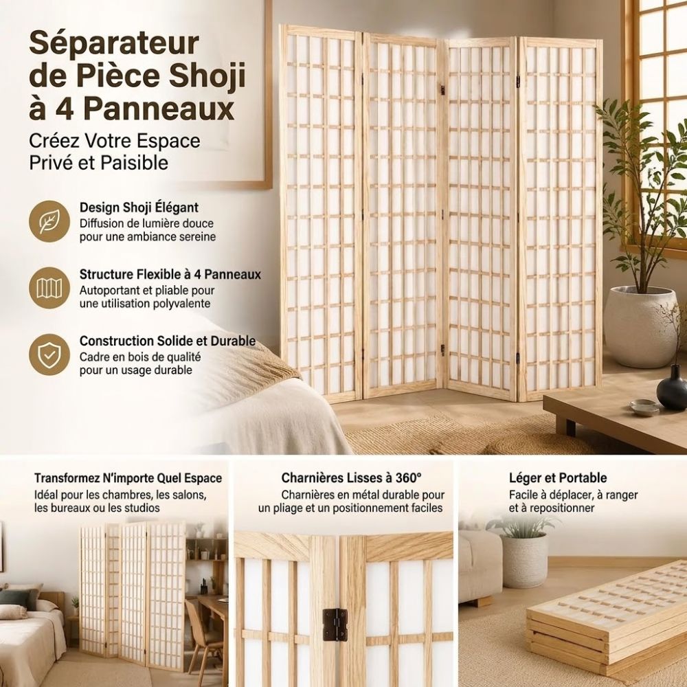 Paravent Japonais 4 Panneaux Paulownia Naturel