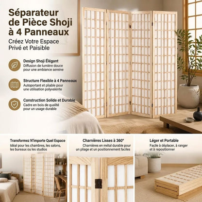 Paravent Japonais 4 Panneaux Paulownia Naturel