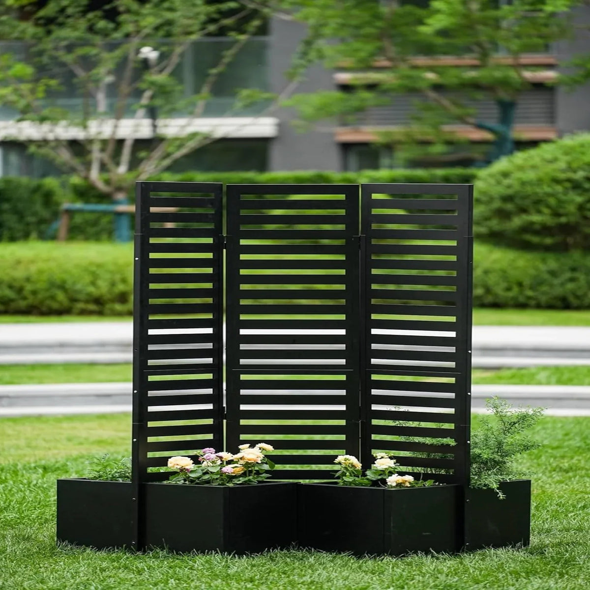 Paravent Extérieur 3 Panneaux Métal avec Jardinières Intégrées