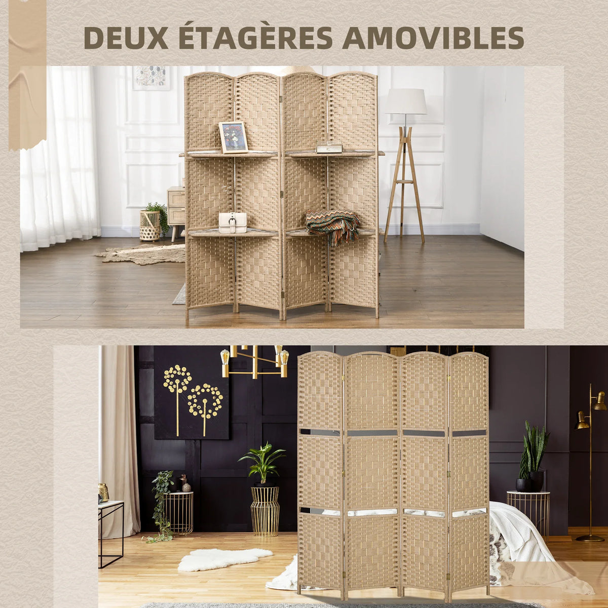 Paravent 4 Panneaux Bois avec 2 Étagères