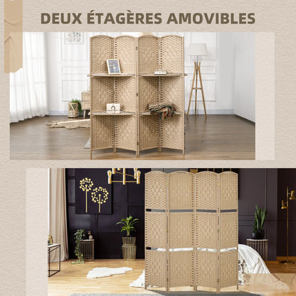 Paravent 4 Panneaux Bois avec 2 Étagères