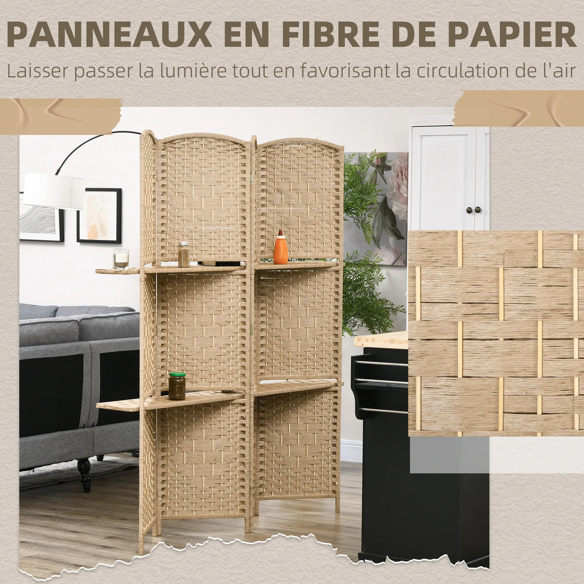 Paravent 4 Panneaux Bois avec 2 Étagères