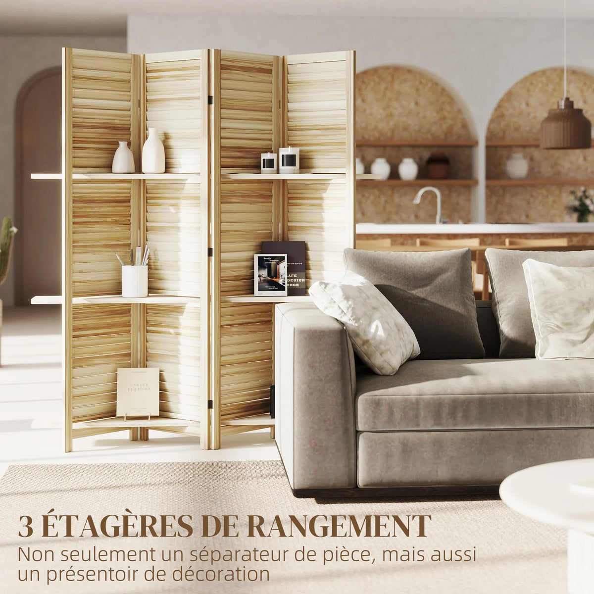 Paravent 4 Panneaux Blanc avec 3 Étagères